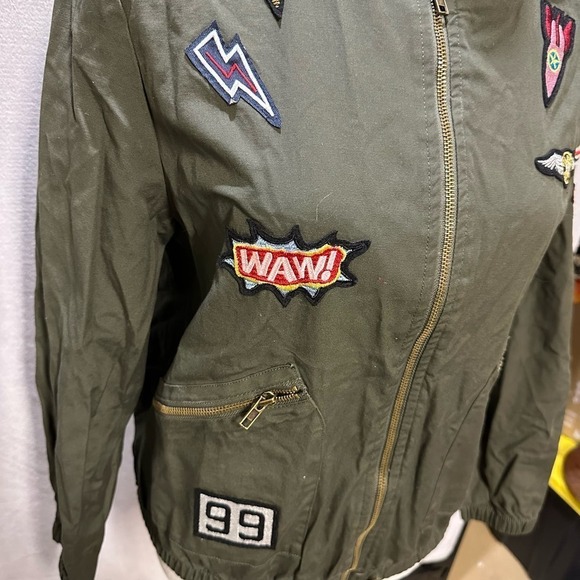 Free Bird | Army Zip Up Jacket with Patchwork | Army Green | Size: L - Picture 3 of 9